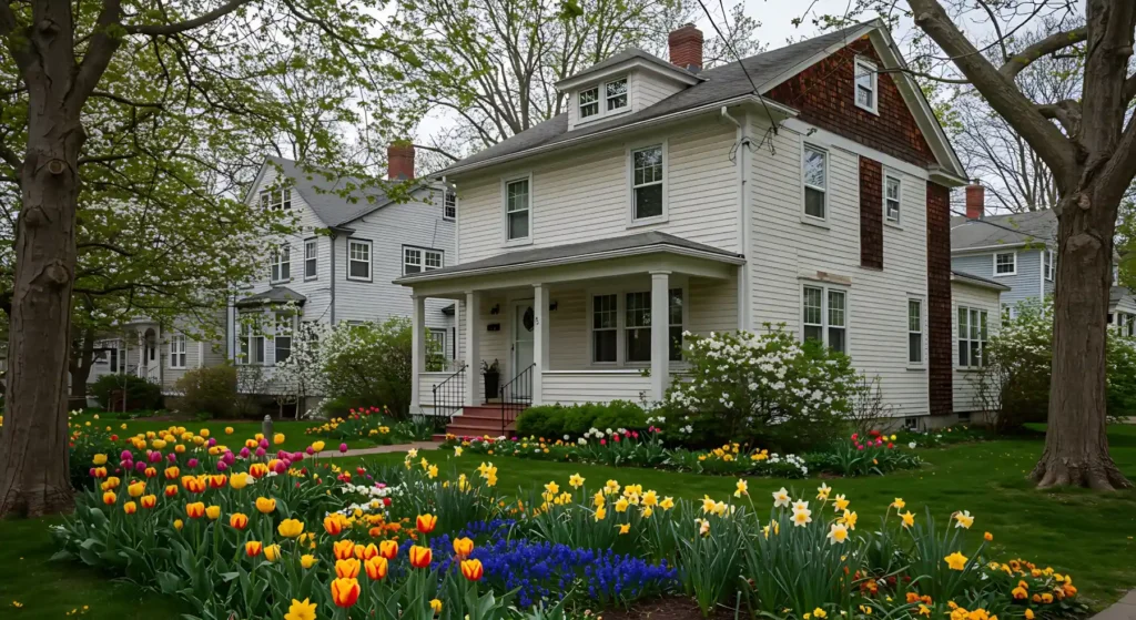 Classic Two Story White Craftsman Home with Covered Porch and Spring Tulip Garden.jpg